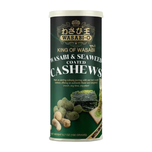 Wasabi-o coated cashews with seaweed flavor, showing crispy nuts covered in green wasabi and seaweed seasoning.