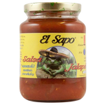 El Sapo Salsa Jalapeno in a jar, spicy green jalapeno salsa, fresh ingredients visible, ideal for Mexican cuisine.