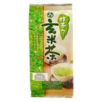 Makotoen Every Days Genmaicha tea drink in a clear glass, showing the light brown, brewed Japanese green tea with roasted rice.