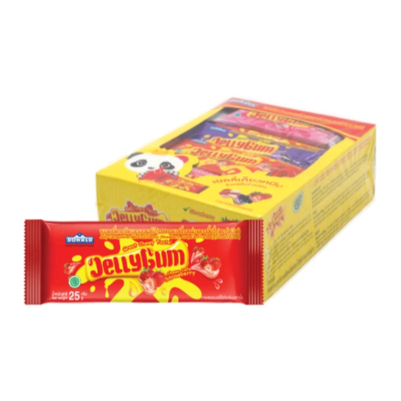Assorted DONALD Mix Fruit Jelly packs, 25g each, with colorful fruit flavors in a clear tray, ready for snacking.