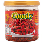 Goody Crispy Chilli confectionery snacks in a colorful bag, showing crunchy, spicy chili-flavored treats.