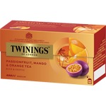 Twinings Passion Mango Tea drink in a clear glass, showcasing vibrant orange and yellow mango flavor with a refreshing appearance.