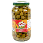 CRESPO Crespo Green Olives Stuffed with pimientos in a 907g dry grocery package, ready to enjoy in dishes or as a snack.