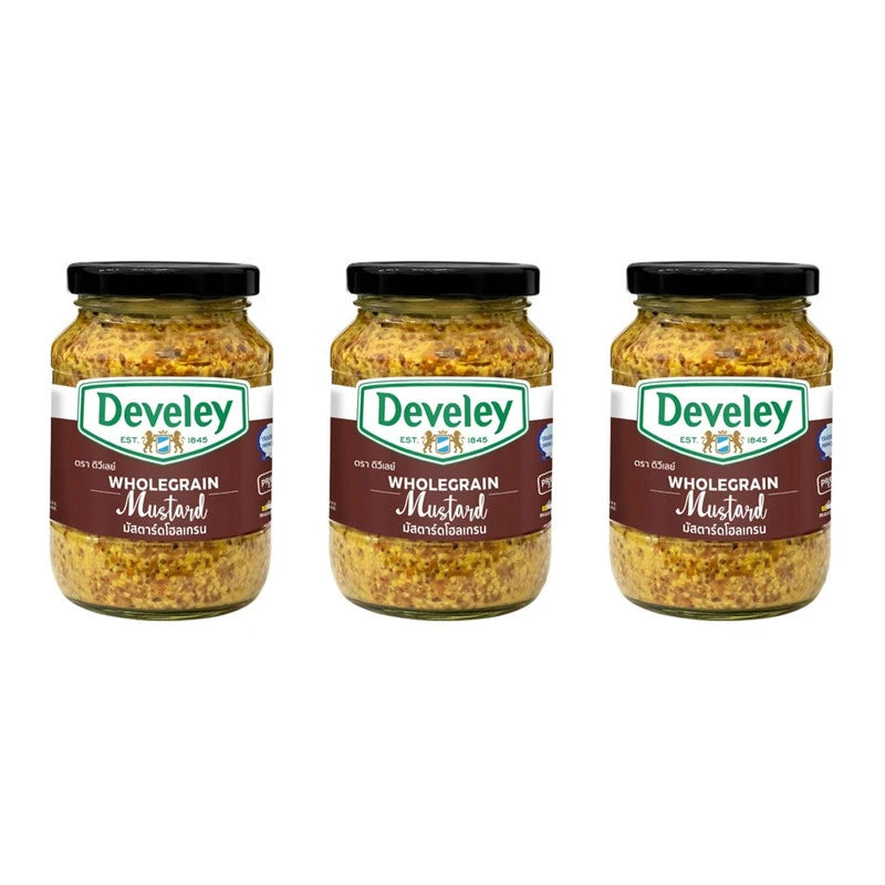 Three bottles of DEVELEY Wholegrain Mustard in 320g packs, showing the mustard with visible wholegrain texture and label.