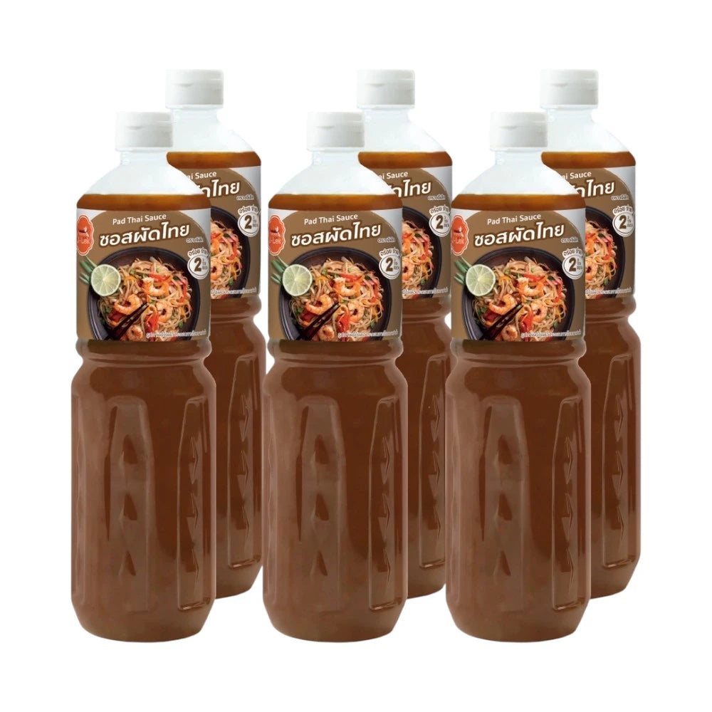 J-LEK Pad Thai Sauce bottles, 590g each, in a pack of six, showcasing the Thai-style stir-fry sauce with rich, flavorful ingredients.