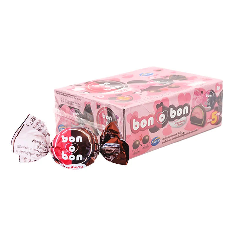 Bon O Bon chocolate strawberry candies in 15g packs, showing individually wrapped candies with pink strawberry flavor coating.