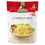 San Remo La Pasta Carbonara package displayed with pasta and ingredients on a grocery store shelf.