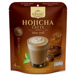 Ranong Tea Hojicha Latte drink in a clear glass, showcasing a creamy, frothy tea beverage with a warm brown color.