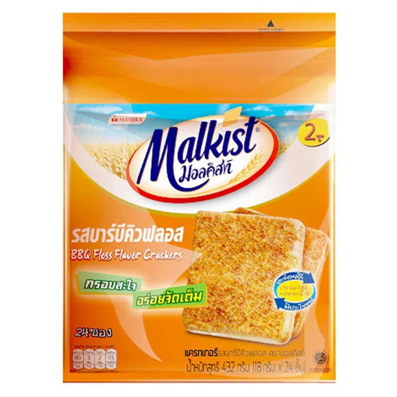 Malkist BBQ crackers in 18g packs, 24 pieces, showing crispy, flavorful crackers with BBQ seasoning on a white background.
