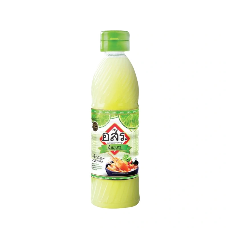 Aor Sor Ror Lime Juice Mix 250ml bottle showing real lime flavor and clear liquid inside the transparent bottle.