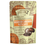 Heinz Mushroom Carbonara Pasta Sauce jar with label showing creamy mushroom and pasta ingredients, placed on a white background.