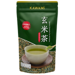Kawami Genmaicha tea 100% in a clear glass cup, showcasing golden brewed tea with rice grains, on a white background.