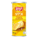 Lay's Stax Original confectionery snack container with crispy chips in a clear plastic jar showing the snack inside