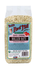 Organic rolled oats from Bob's Red Mill in a clear bag, ready for quick cooking and healthy breakfast options.