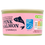 Sainsbury's Wild Pacific Pink Salmon in a can, showing the label with salmon fillets and branding on the packaging