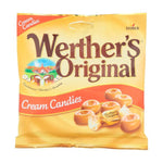 Werther's Original Butter Candy confectionery snack in a clear wrapper, showcasing its smooth, caramel-colored exterior.