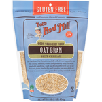 Bob's Red Mill gluten-free oat bran in a container, showing the product label and a close-up of the oat bran texture.