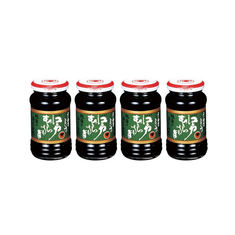 MOMOYA Edo Murasaki Nori Tsukudani Japanese seaweed soy sauce in four 90g bottles, made in Japan, with dark seaweed and soy sauce.