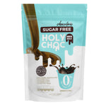 Bottle of Holy Choc Sugar Free Drinking Chocolate featuring a rich, smooth chocolate drink in a clear glass mug.