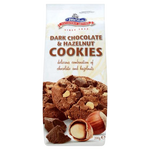 Merba Dark Chocolate & Hazelnut Cookies showing a close-up of cookies with dark chocolate and hazelnuts on a plate