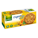 Gullon Muesli Digestive Biscuits in a snack package, showing the crispy, oat-filled biscuits with muesli bits, branded by Gullon.
