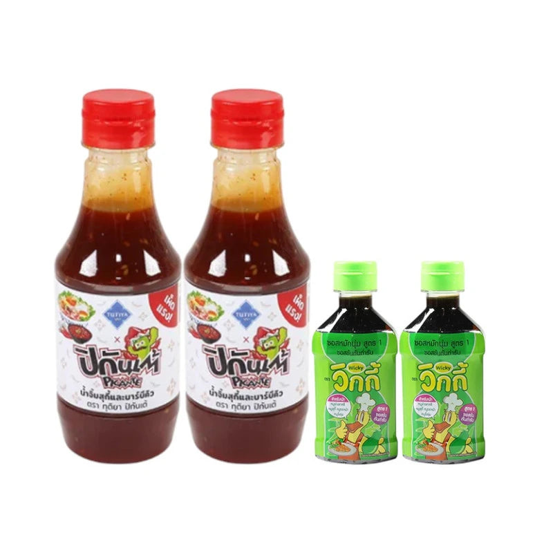 Tutiya Picante Suki Dipping Sauce 240g with free Wicky Original Sauce 210g, featuring vibrant sauces in glass jars