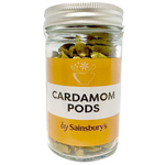 Sainsbury's Cardamom Pods in a clear container, showcasing small green spice pods used for cooking and baking.
