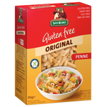 San Remo gluten-free penne pasta in a clear box, showcasing the healthy grocery product with golden pasta tubes.