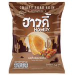Crunchy Howdy Crispy Pork Skin snack with Texas BBQ flavor, showcasing golden, crispy pork rinds in a close-up view.