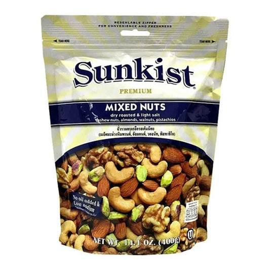SUNKIST Light Salt Nuts in a 400g package showing roasted mixed nuts with light salt seasoning