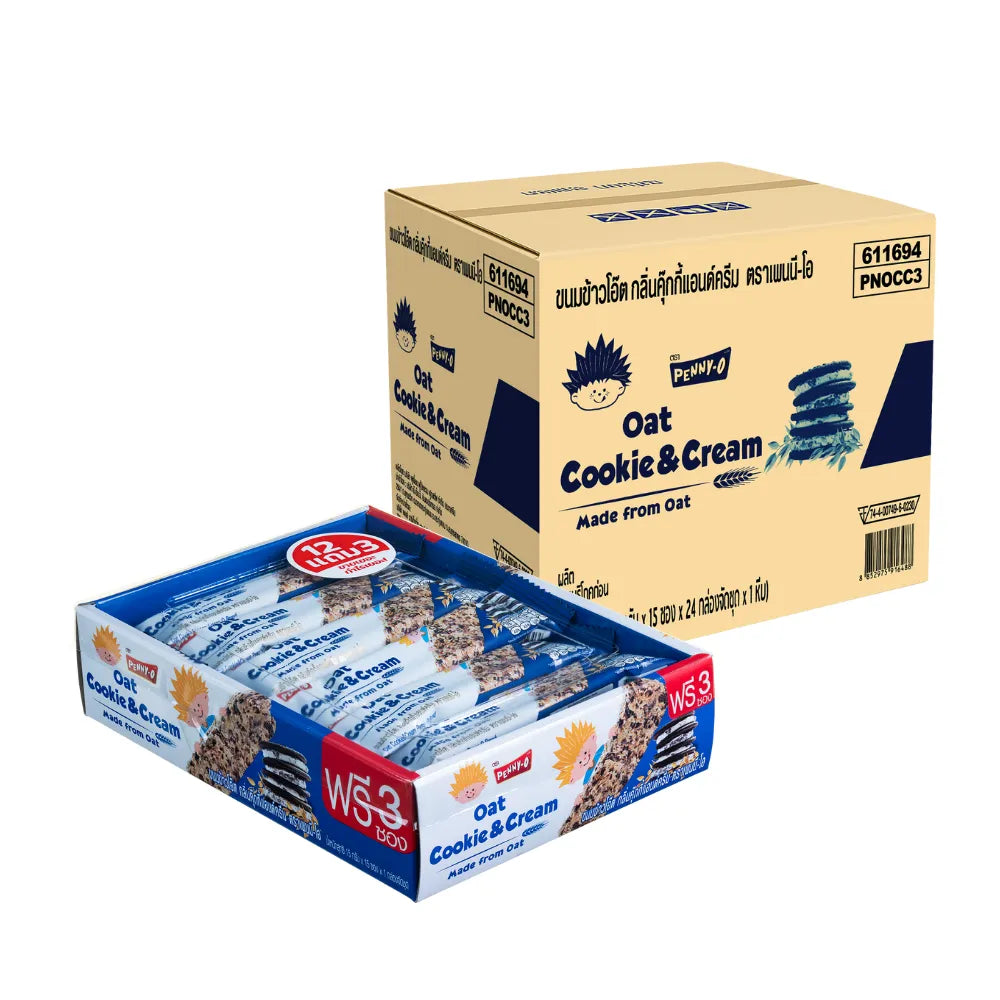 PENNYO oatmeal snack carton with 15g cookie and cream flavor sachets, showing individual snack packets in a box.