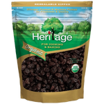 Heritage Organic Seedless Raisins in a clear container, showcasing plump, golden dried grapes for healthy confectionery snacks.