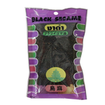 Black sesame seeds from Temple Of Heaven in a grocery package, close-up view showing the textured seeds.