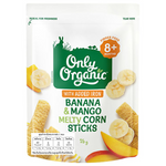 Only Organic Banana Mango Corn Sticks in colorful packaging, showcasing the fruity, crunchy confectionery snack.