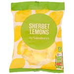 Sainsbury's Lemon Sherbet confectionery snacks in a colorful bag with lemon-flavored sherbet candies spilling out.