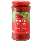 Jar of Mutti Tomato & Basil Pasta Sauce with ripe tomatoes and fresh basil, showcasing the flavorful Italian sauce.