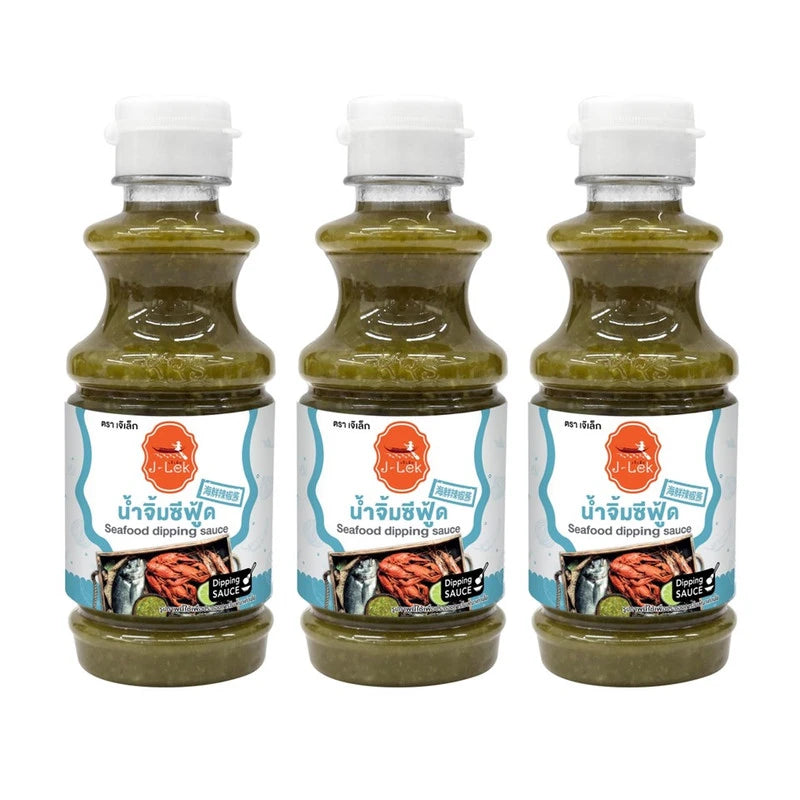 J-LEK Seafood Dipping Sauce in 250g bottles, pack of three, featuring a dark soy-based sauce with seafood ingredients.
