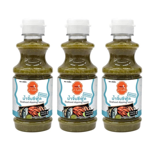 J-LEK Seafood Dipping Sauce in 250g bottles, pack of three, featuring a dark soy-based sauce with seafood ingredients.