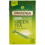 Twinings Pure Green Tea Bags, individually wrapped, ready for brewing in a clear image showcasing the tea packaging.