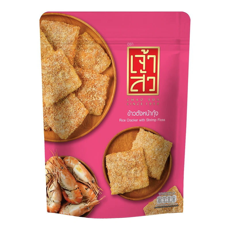 Chao Sua rice cracker with shrimp in an 80g package, crispy snack with shrimp flavor and rice base, on a neutral background