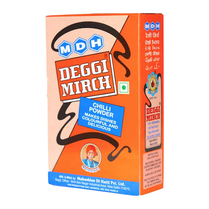 MDH Deggi Mirch chilli powder in a 100g package, vibrant red spice for flavorful Indian cooking.