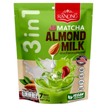 Ranong Matcha Latte with almond milk in a glass, showcasing vibrant green tea and creamy almond beverage ready to enjoy.