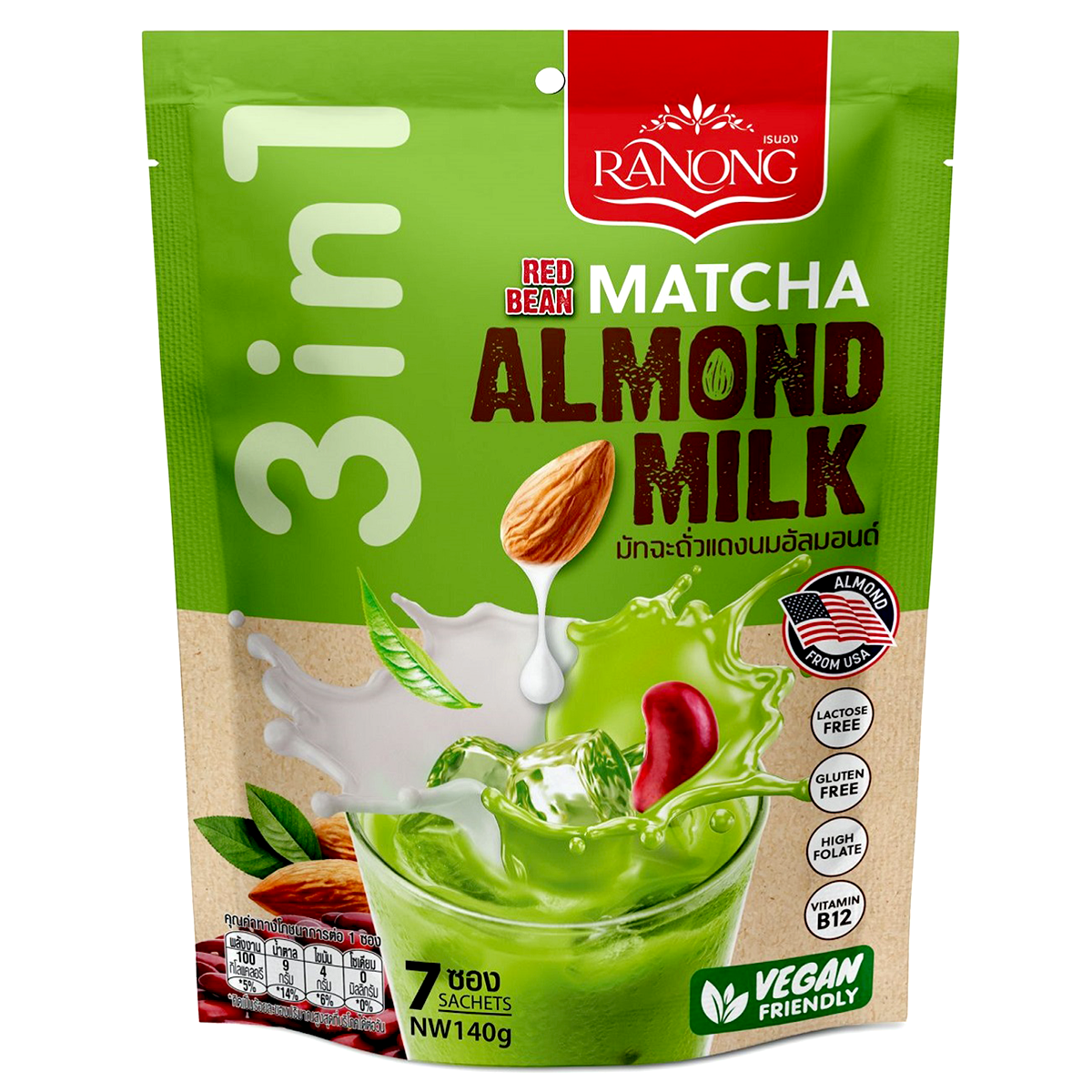 Ranong Matcha Latte with almond milk in a glass, showcasing vibrant green tea and creamy almond beverage ready to enjoy.