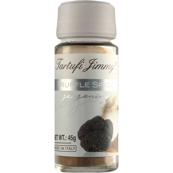 Jar of Tartufi Jimmy Truffle Spice with black truffle flakes, packaging label visible, used for gourmet cooking and seasoning.