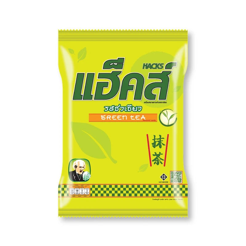 HACKS Candy Green Ter, 94.5g, featuring bright green sweets in a clear package with colorful branding and candy pieces inside.