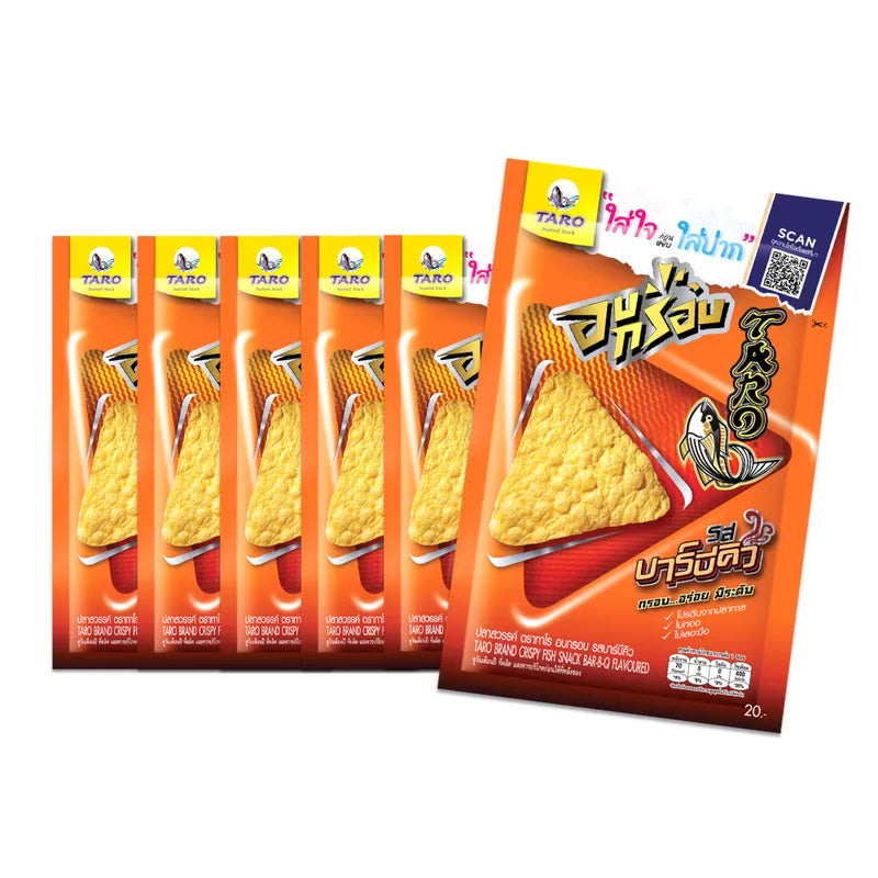 TARO Crispy Fish Snack Bar-B-Q Flavored 18g, showing crispy fish snack bars in packaging with BBQ seasoning.