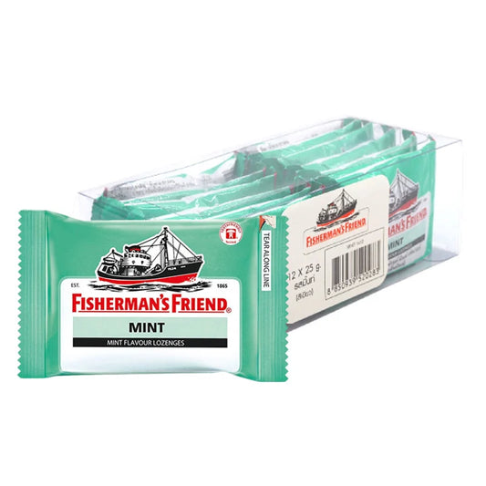 Fisherman's Friend Mint Lozenges 12-pack, showing a close-up of the refreshing mint lozenges in a clear package.