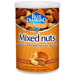 Blue Diamond Mixed Nuts in a clear bowl, showcasing a variety of almonds, cashews, and pecans, as a colorful snack display.