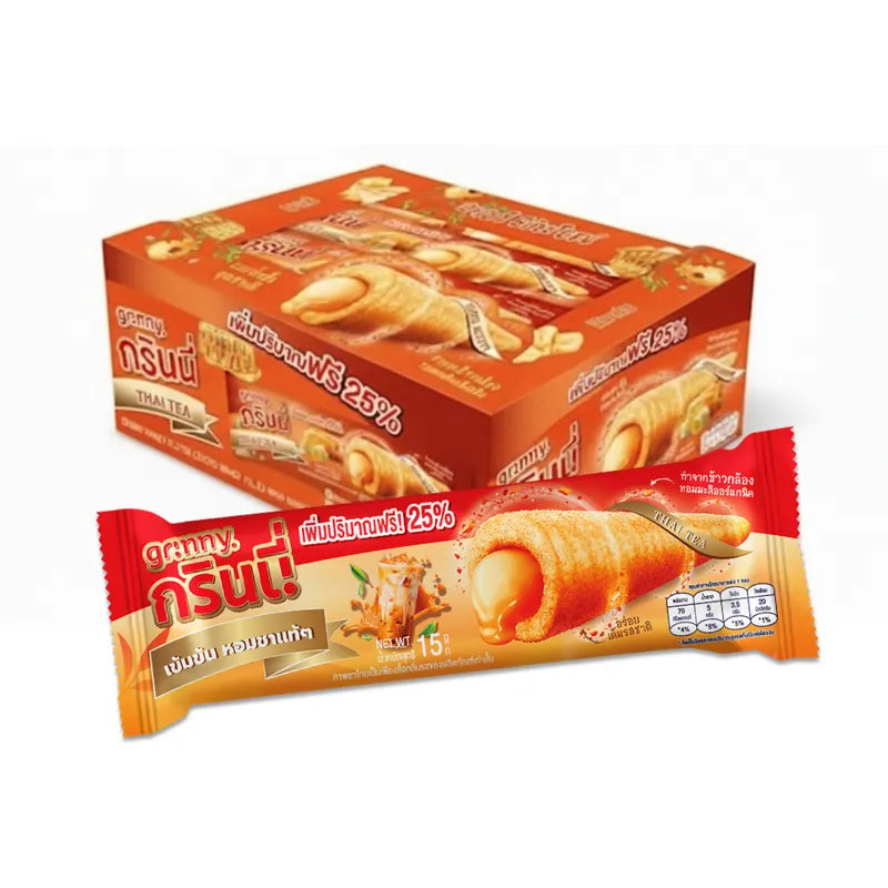 Grinny Thai Tea Coated Snack filled with Thai tea cream, 15g box of 12 pieces, showing individually wrapped snacks with tea coating.