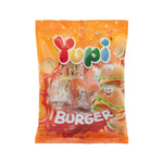 Yupi Gummy Mini Burger confectionery snack with colorful gummy burger-shaped candies on a white background.